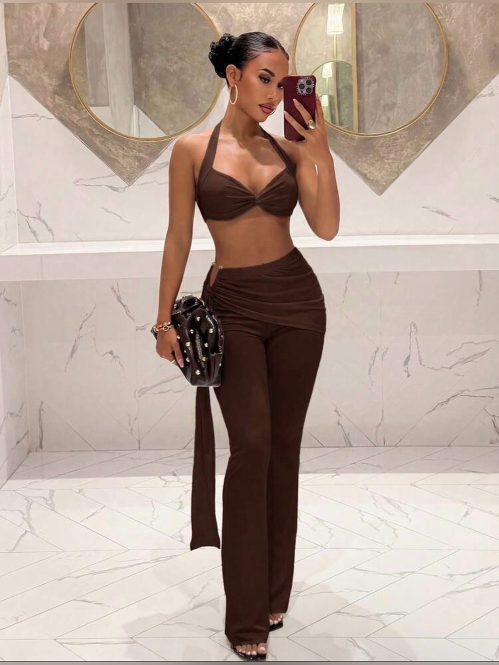Brown Halter Crop Top & High-Waist Pants Set - Women